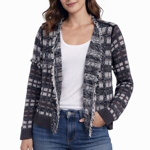 CAbi Fringe Classic Cardigan Open Crop Knit Sweater Brown Plaid Size XS
